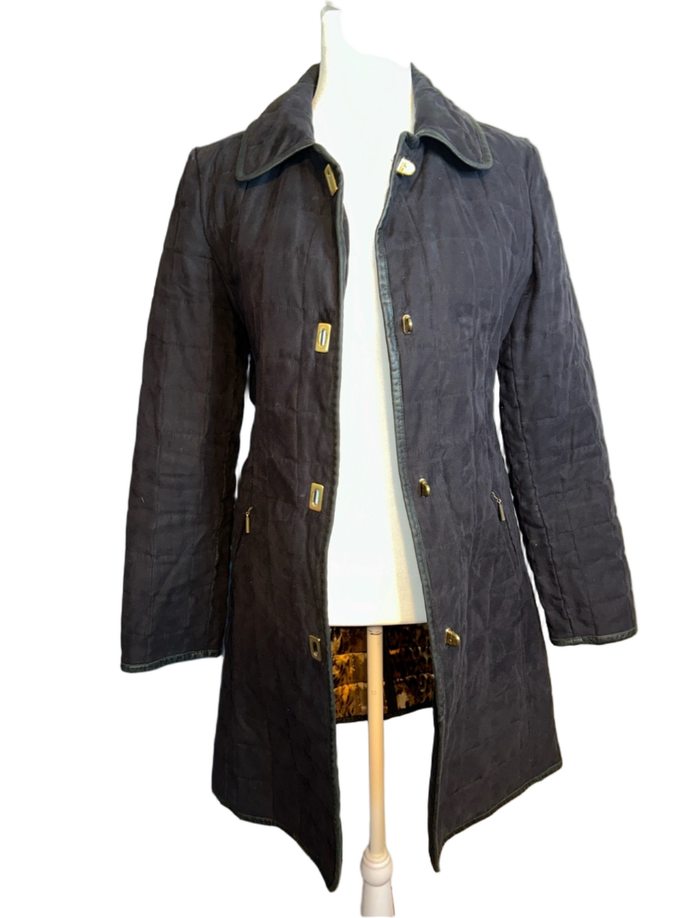 Dana Buchman Black Quilted Trench Coat M Gold-Tone Buttons Boho Business Casual